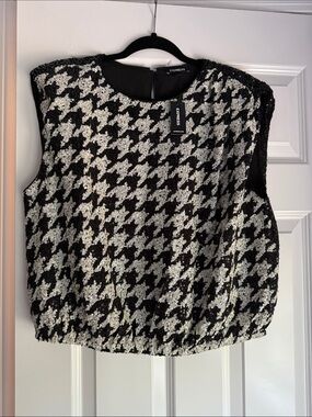 Express Black and White Houndstooth Sequin Tank
